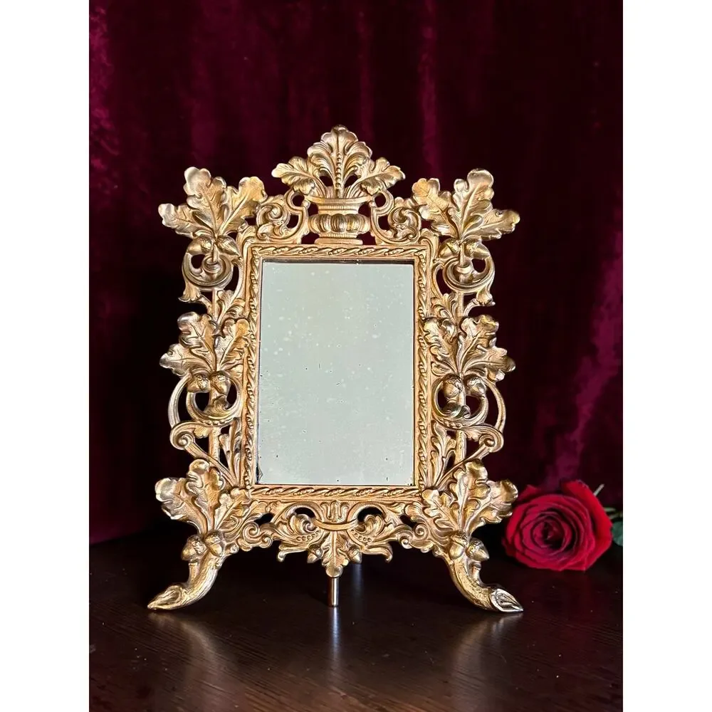 Antique Bradley & Hubbard Table Mirror-Art Nouveau Oak Leaf-Easel Frame-Vanity